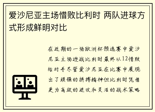 爱沙尼亚主场惜败比利时 两队进球方式形成鲜明对比