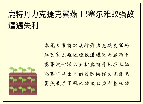 鹿特丹力克捷克翼燕 巴塞尔难敌强敌遭遇失利