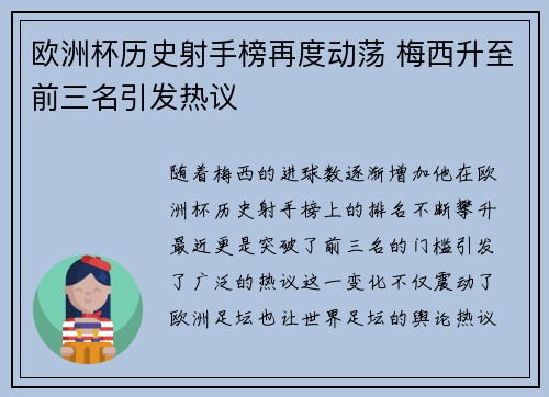 欧洲杯历史射手榜再度动荡 梅西升至前三名引发热议