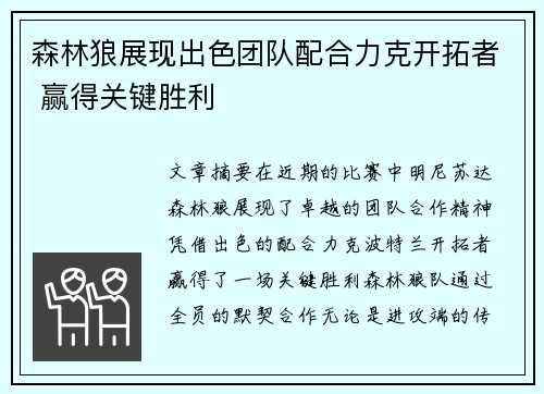 森林狼展现出色团队配合力克开拓者 赢得关键胜利
