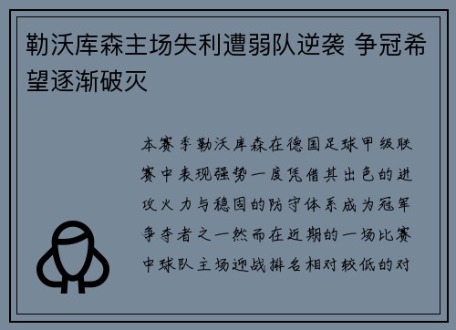 勒沃库森主场失利遭弱队逆袭 争冠希望逐渐破灭