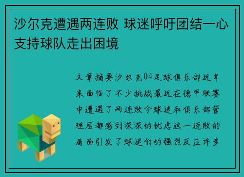 沙尔克遭遇两连败 球迷呼吁团结一心支持球队走出困境