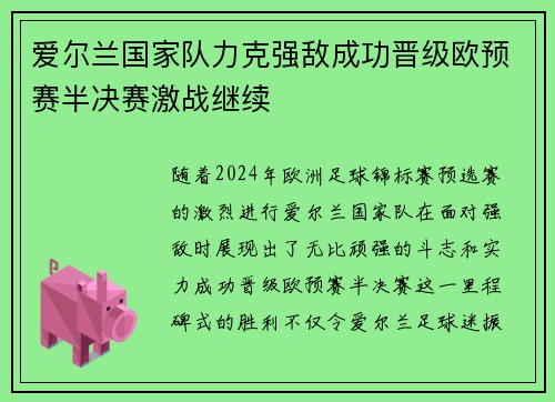 爱尔兰国家队力克强敌成功晋级欧预赛半决赛激战继续