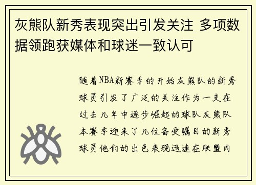 灰熊队新秀表现突出引发关注 多项数据领跑获媒体和球迷一致认可