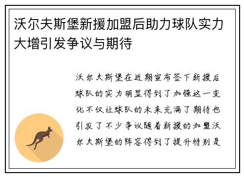 沃尔夫斯堡新援加盟后助力球队实力大增引发争议与期待