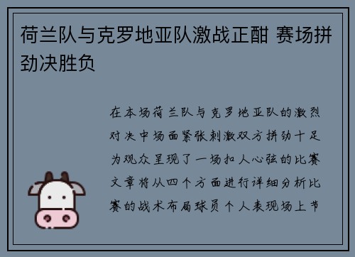 荷兰队与克罗地亚队激战正酣 赛场拼劲决胜负