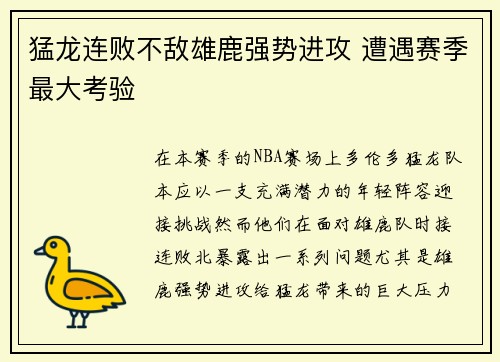 猛龙连败不敌雄鹿强势进攻 遭遇赛季最大考验