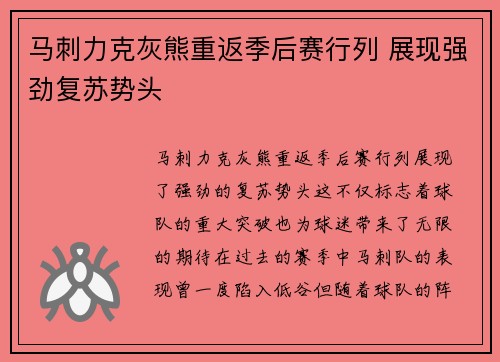 马刺力克灰熊重返季后赛行列 展现强劲复苏势头