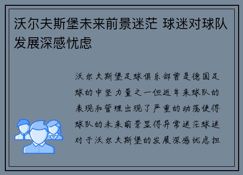 沃尔夫斯堡未来前景迷茫 球迷对球队发展深感忧虑